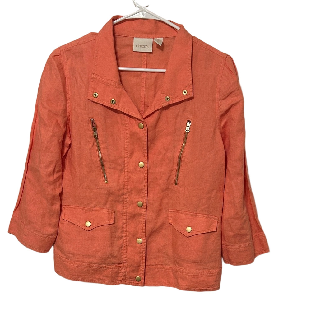 🛼Chico's Vibrant coral Orange Utility Jacket with Gold Accents size 0 GUC..